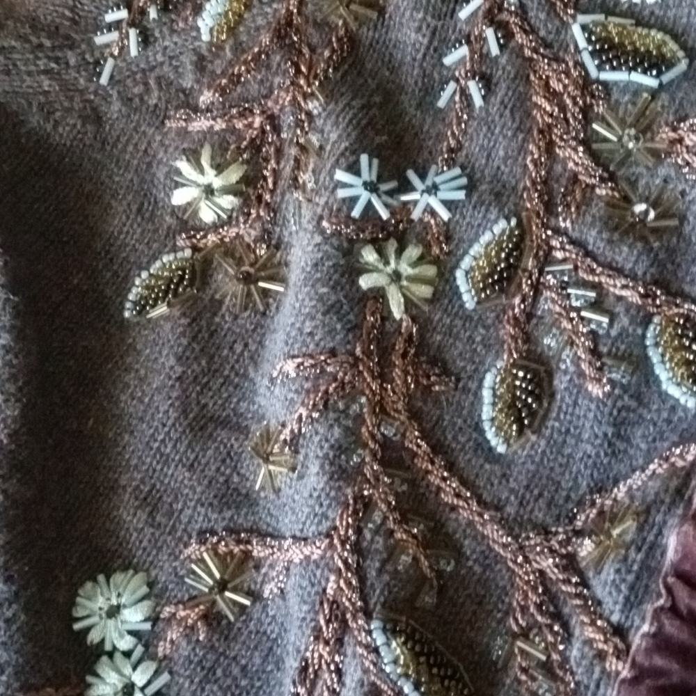 TIARA International Rich Brown Beads Embroidery Velvet Facing Cardigan-Size: M - Picture 8 of 15